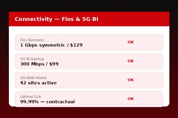 Verizon Business connectivity dashboard showing Fios 1 Gbps symmetric, 5G Business Internet backup and SD-WAN site status